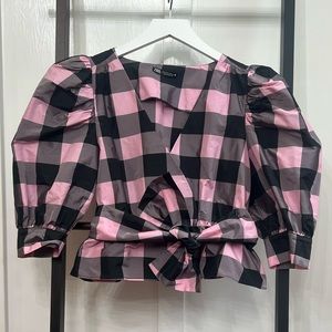 Zara, pink and black plaid faux wrap, tie front blouse.